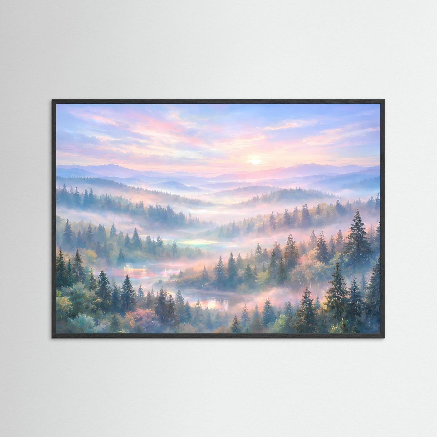 Poster mit Waldlandschaft im Morgendunst, Sonnenaufgang, mit schwarzem Rahmen.