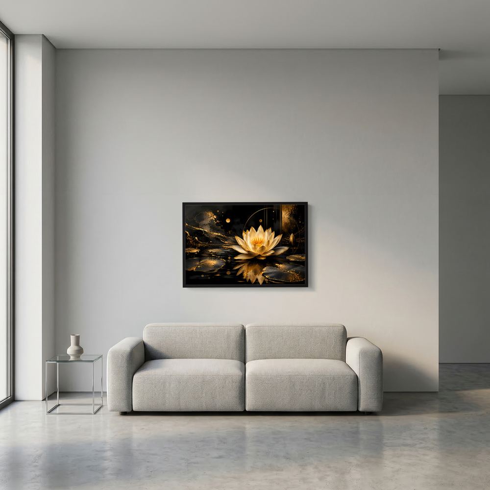 Kleines gerahmtes Wandbild im Querformat: goldene Lotusblüte auf dunklem Wasser