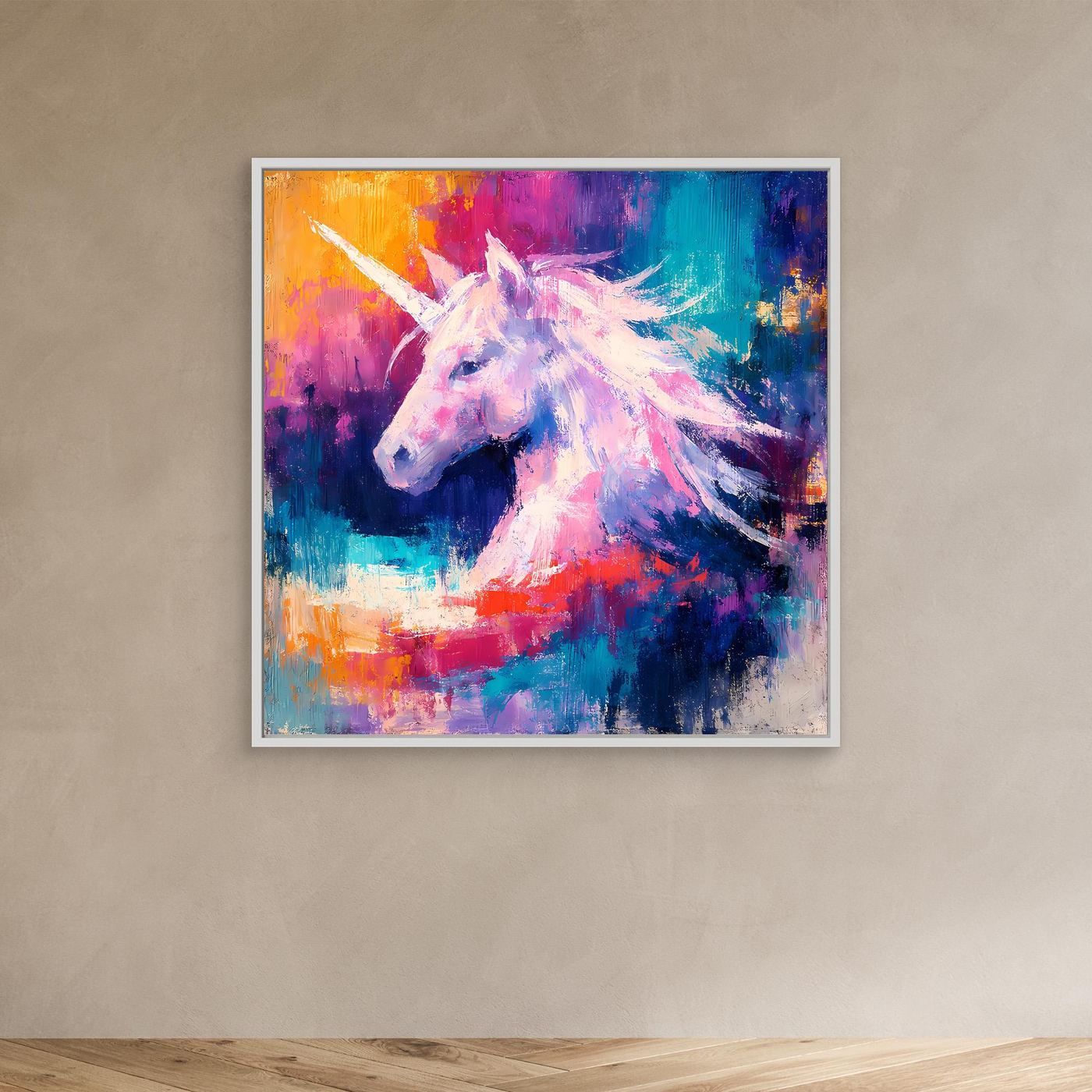 Leinwand Elegantes Einhorn im Farbenmeer | Abstraktes Fantasy & Pastell Wandbild