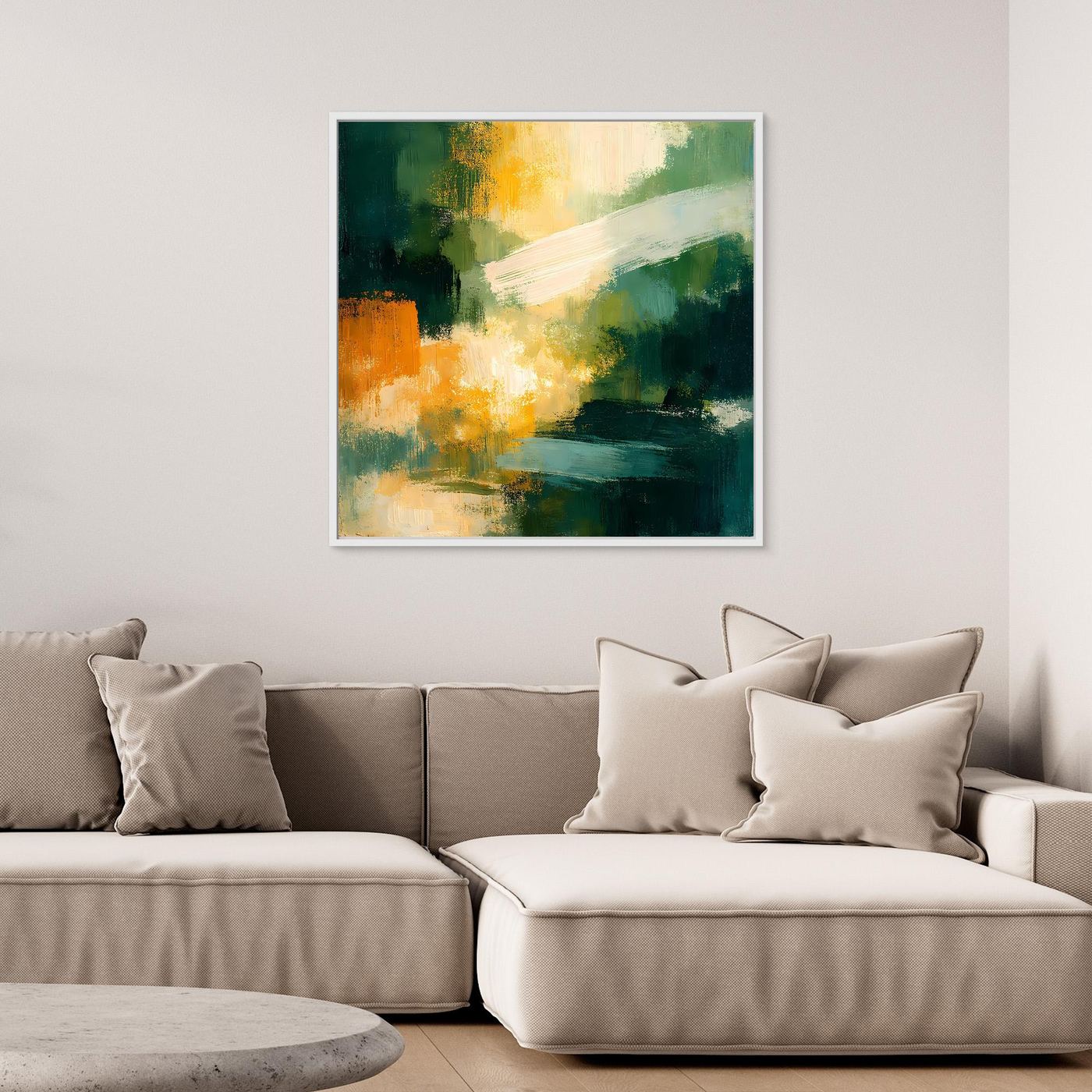 Abstraktes Leinwand-Wandbild mit grünen Farbflächen, orange-gelbem Licht, mit weißem Rahmen