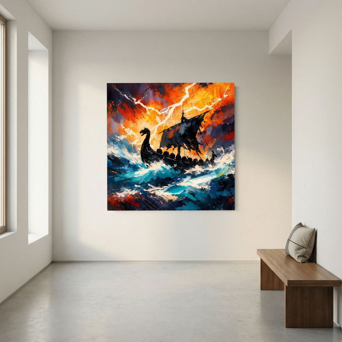 Keilrahmen-Leinwand-Wandbild: schwarzes Wikinger-Langschiff auf stürmischer blauer See mit orange Blitz