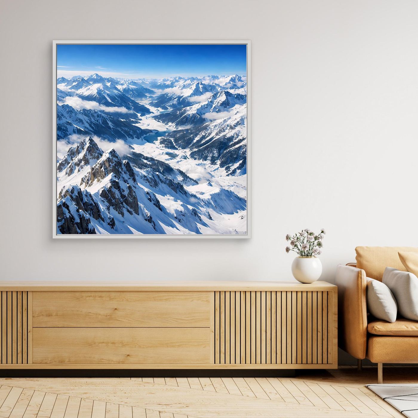 Leinwandbild-Panorama mit schneebedeckten Alpen, weiß gerahmt