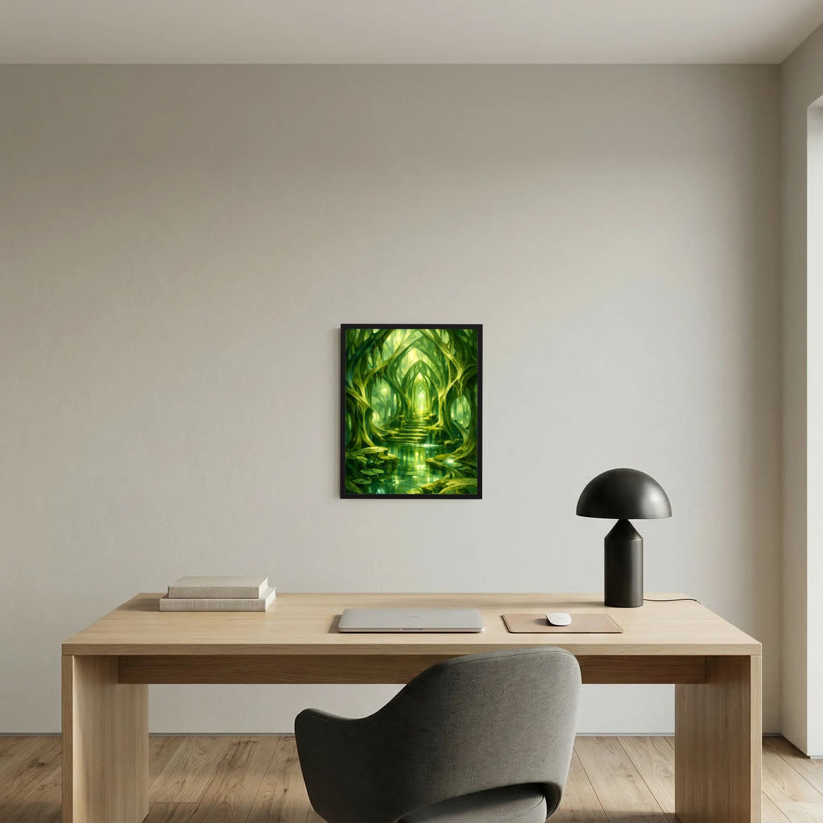 Gerahmtes grünes Kunstposter Waldtempel mit leuchtender Säule im Gang
