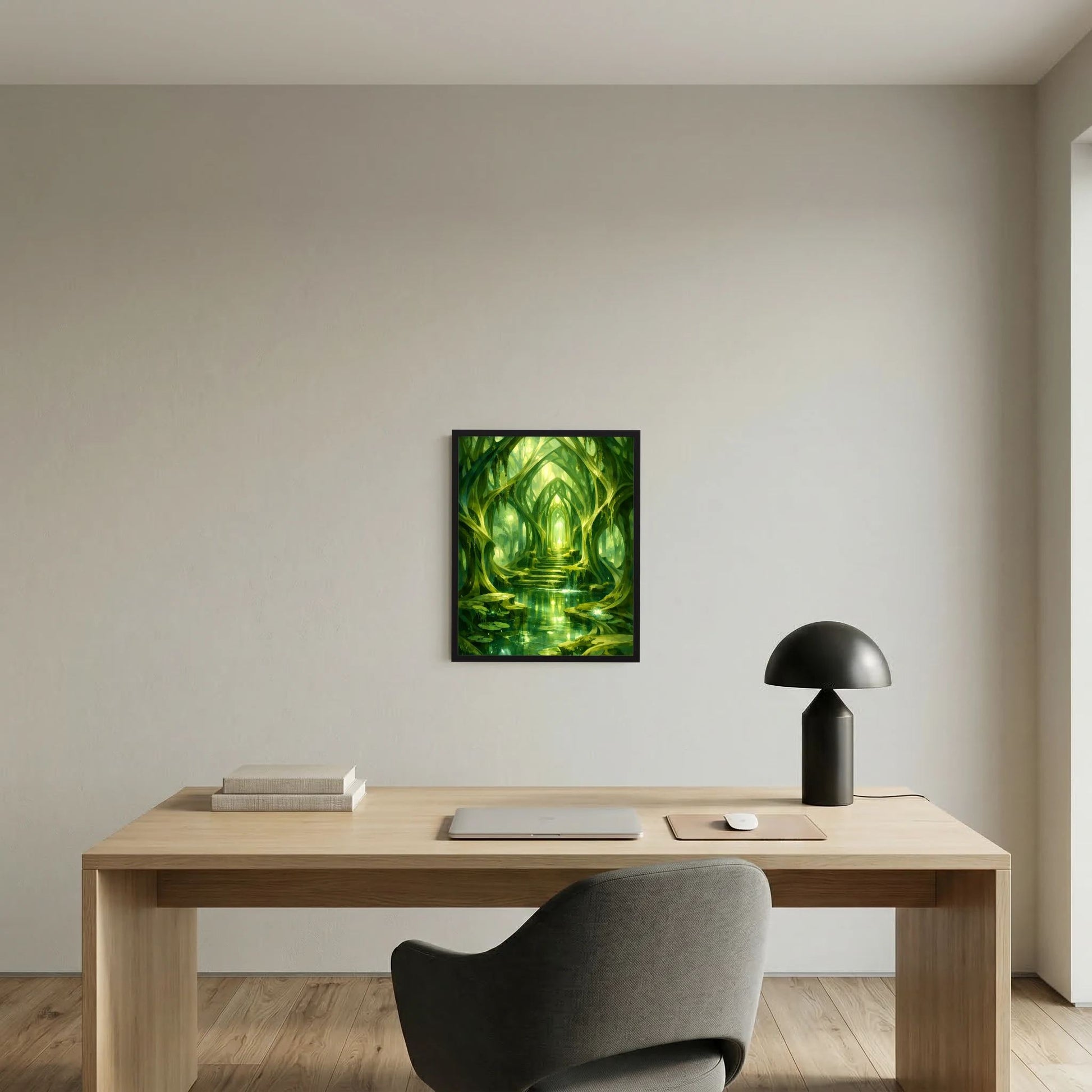 Gerahmtes grünes Kunstposter Waldtempel mit leuchtender Säule im Gang