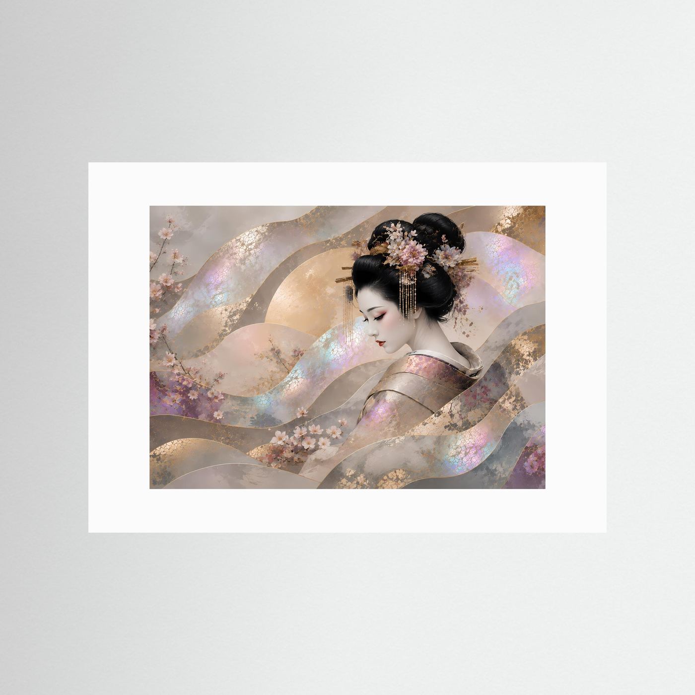 Japanische Wandkunst mit weißem Passepartout: Geisha mit Kirschblüten, perlmuttartiger Schimmer