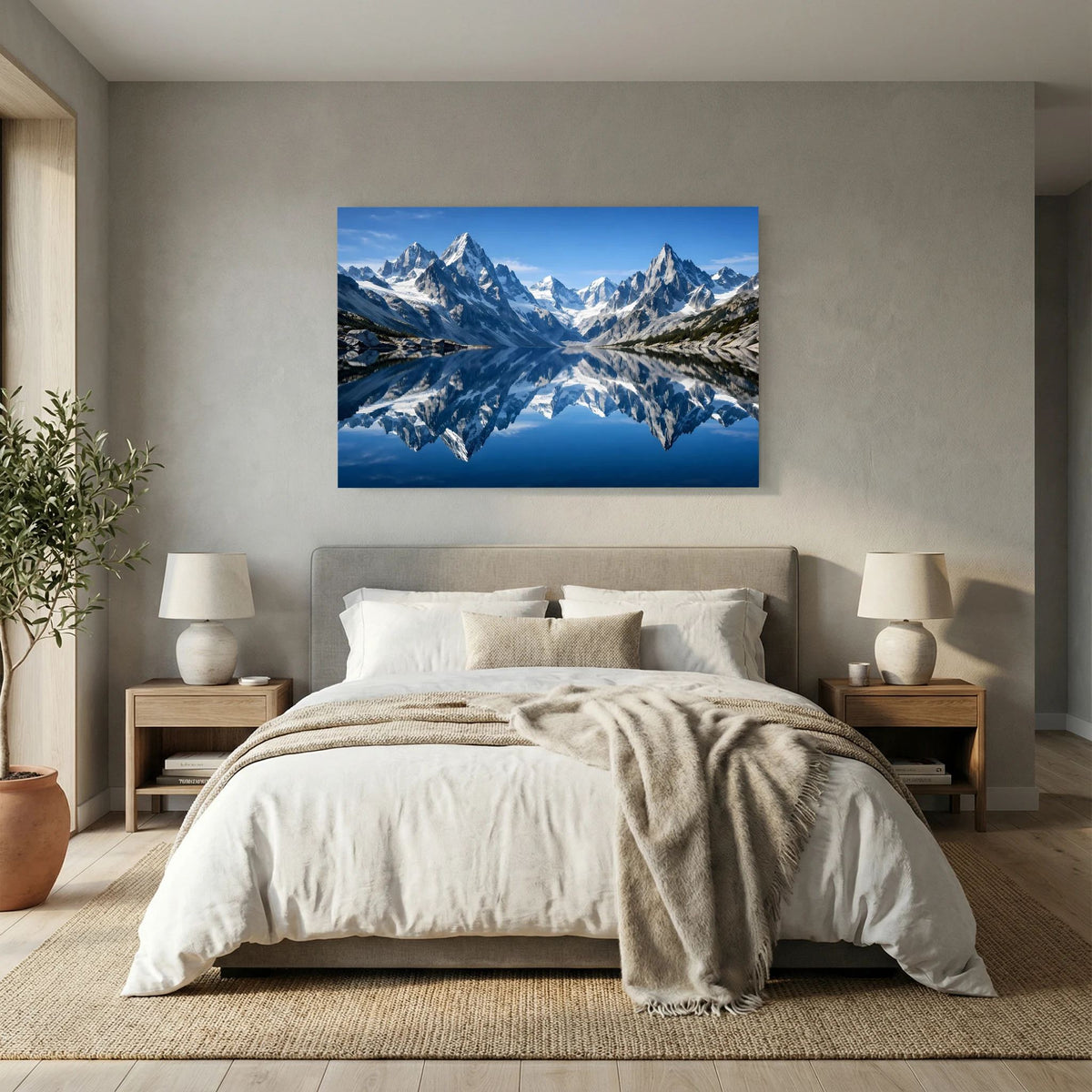 Poster im Querformat mit Alpenlandschaft, schneebedeckten Bergen und See-Spiegelung