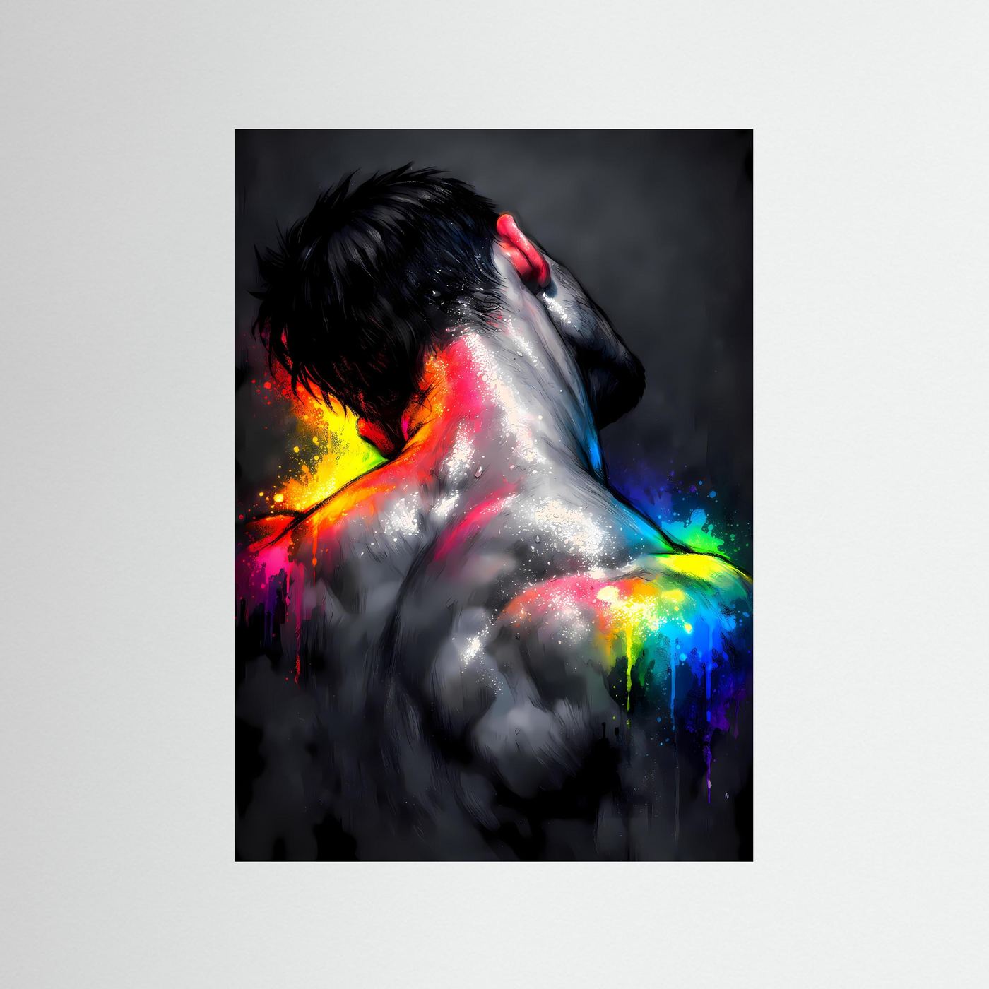 The Neon Back | Luxuriöses Mann Rückenakt Poster Bunt & Dunkel | Abstraktes Body Art Kunstposter Hochformat