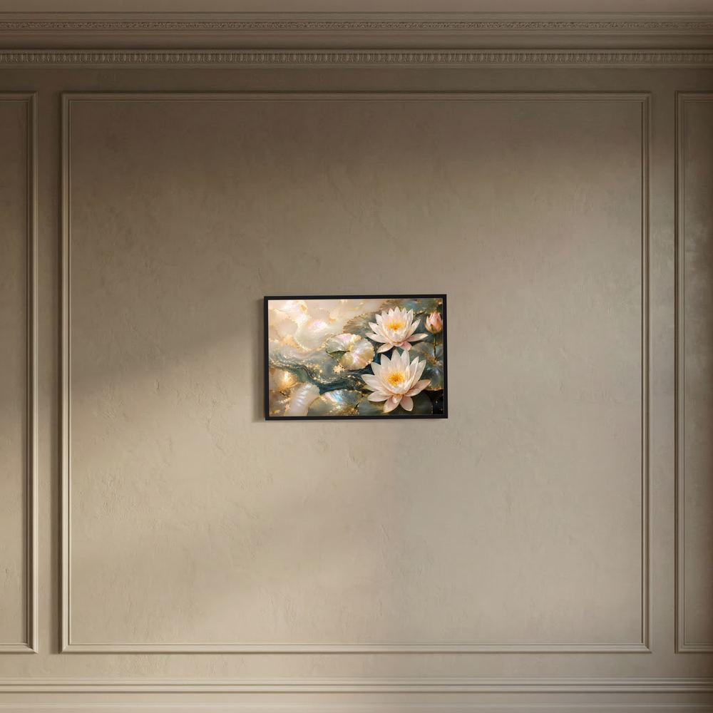 Kleines Wandposter mit Seerosen in Creme und Gold, schwarzer Rahmen