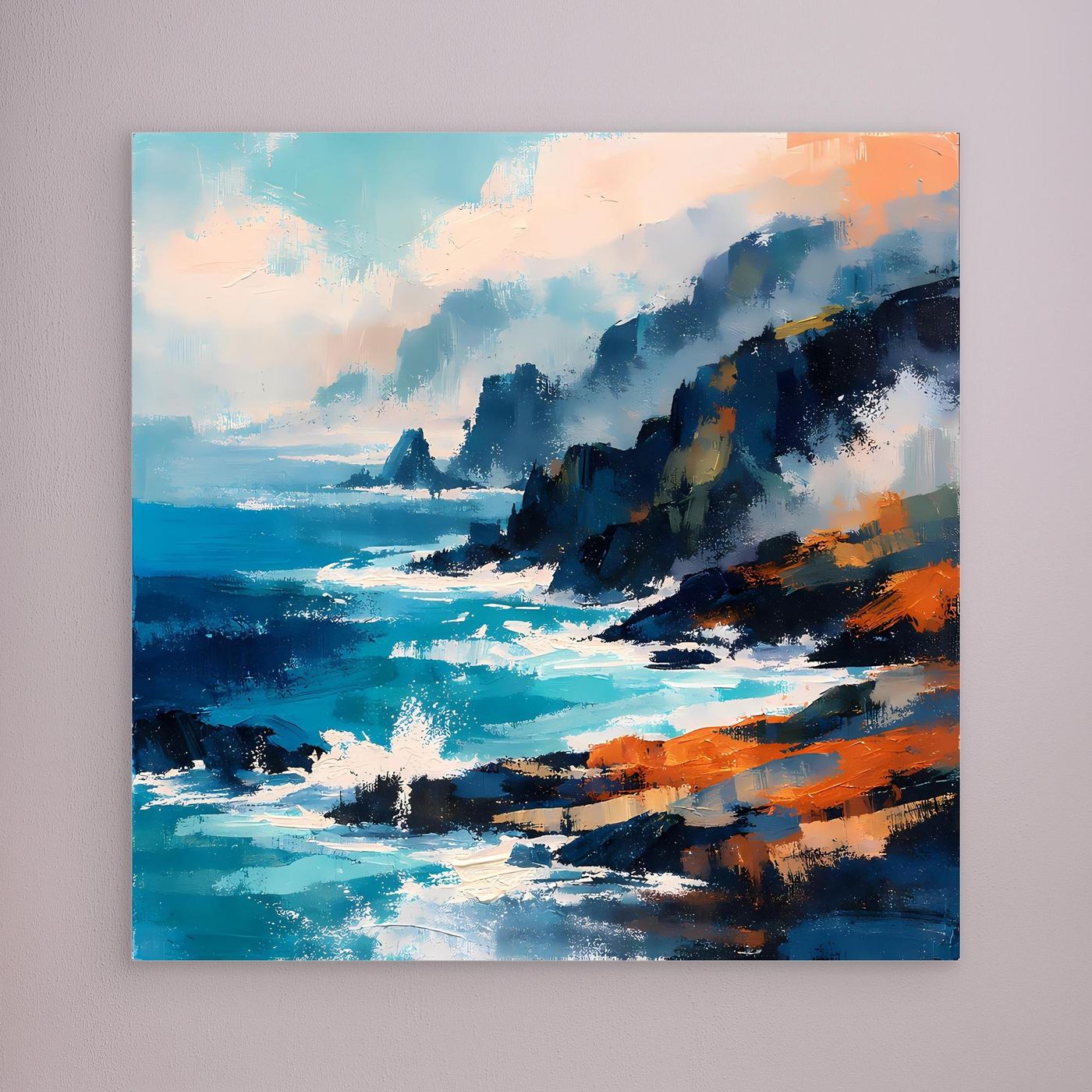 Abstraktes Leinwand-Wandbild mit Ozean und Klippen, türkis-blau/orange, ohne sichtbaren Rahmen