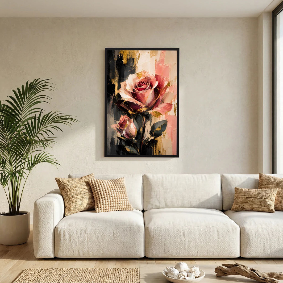 Blumenposter mit abstrakter Rose in Rosé und Gold im schwarzen Rahmen an der Wand.