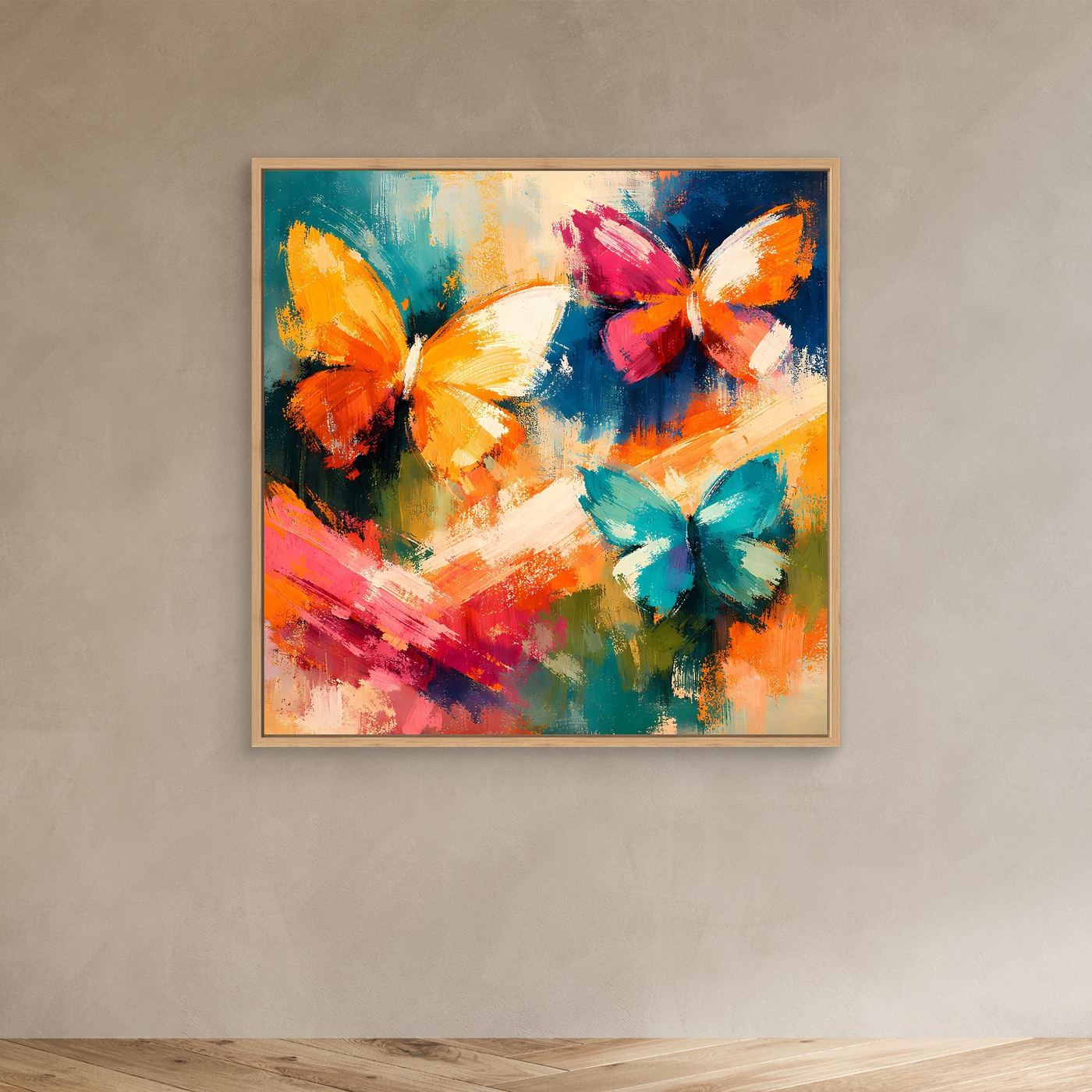 Wandbild mit vier farbigen Schmetterlingen in abstrakten Pinselstrichen, Holzrahmen.