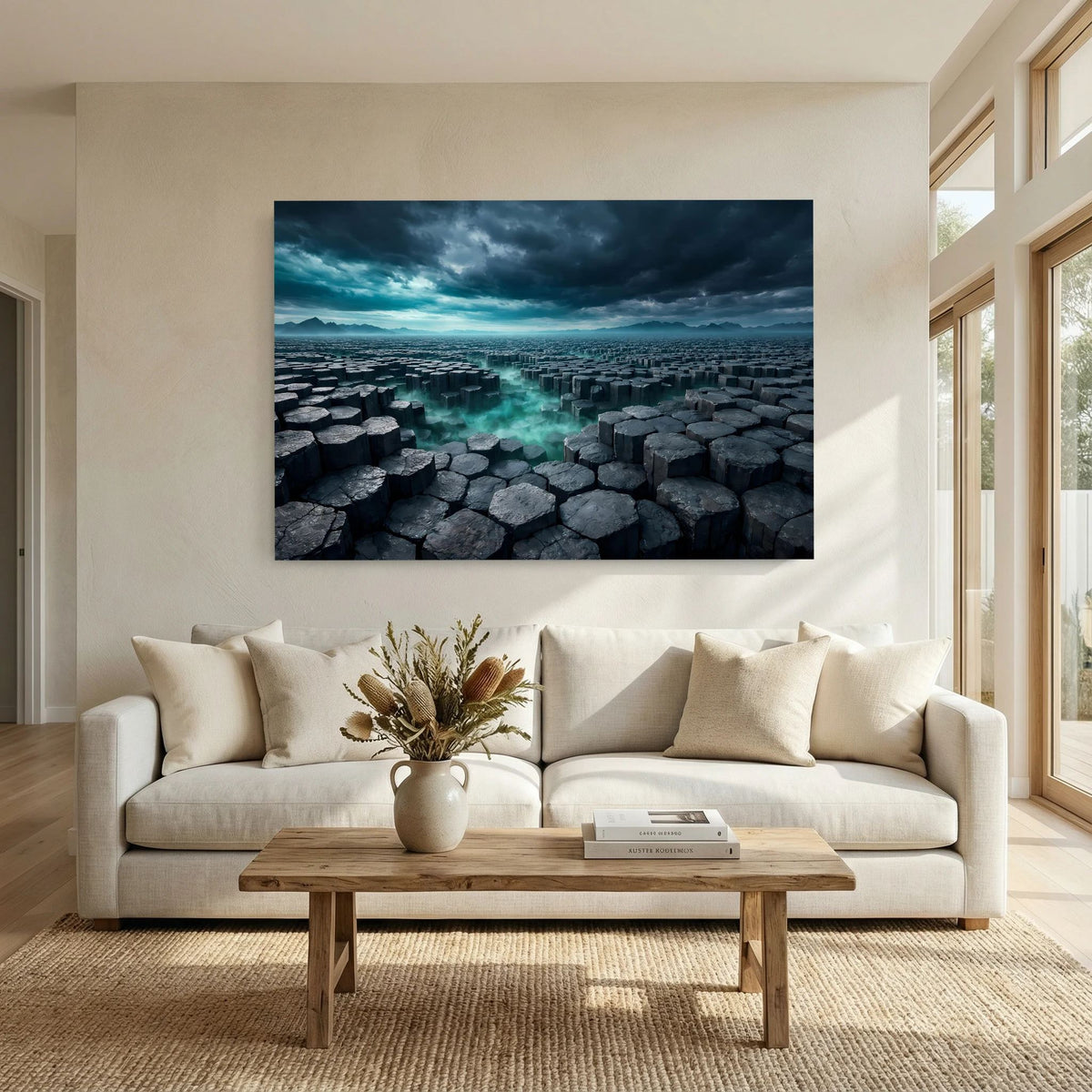 Wandbild im Querformat: Basaltsäulen zwischen Felsen, türkisfarbene Lichtspur, düsterer Himmel