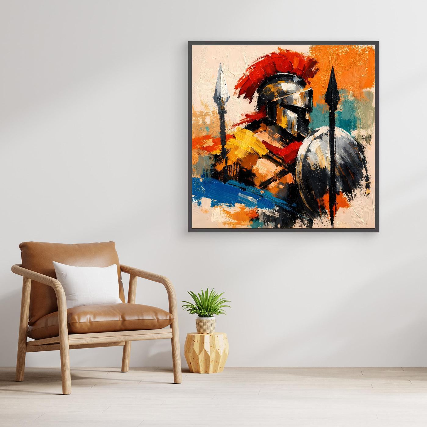 Framed abstract gladiator canvas wall art featuring a helmet, spear, and shield in red and blue