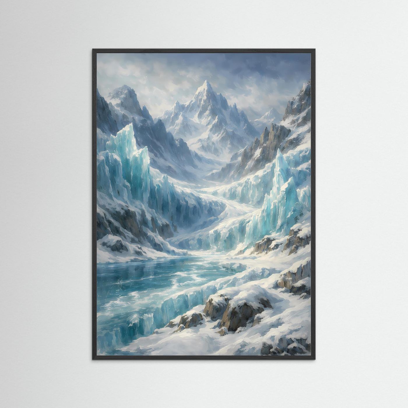 Poster mit Gletscherlandschaft, schwarzer Rahmen, Hochformat