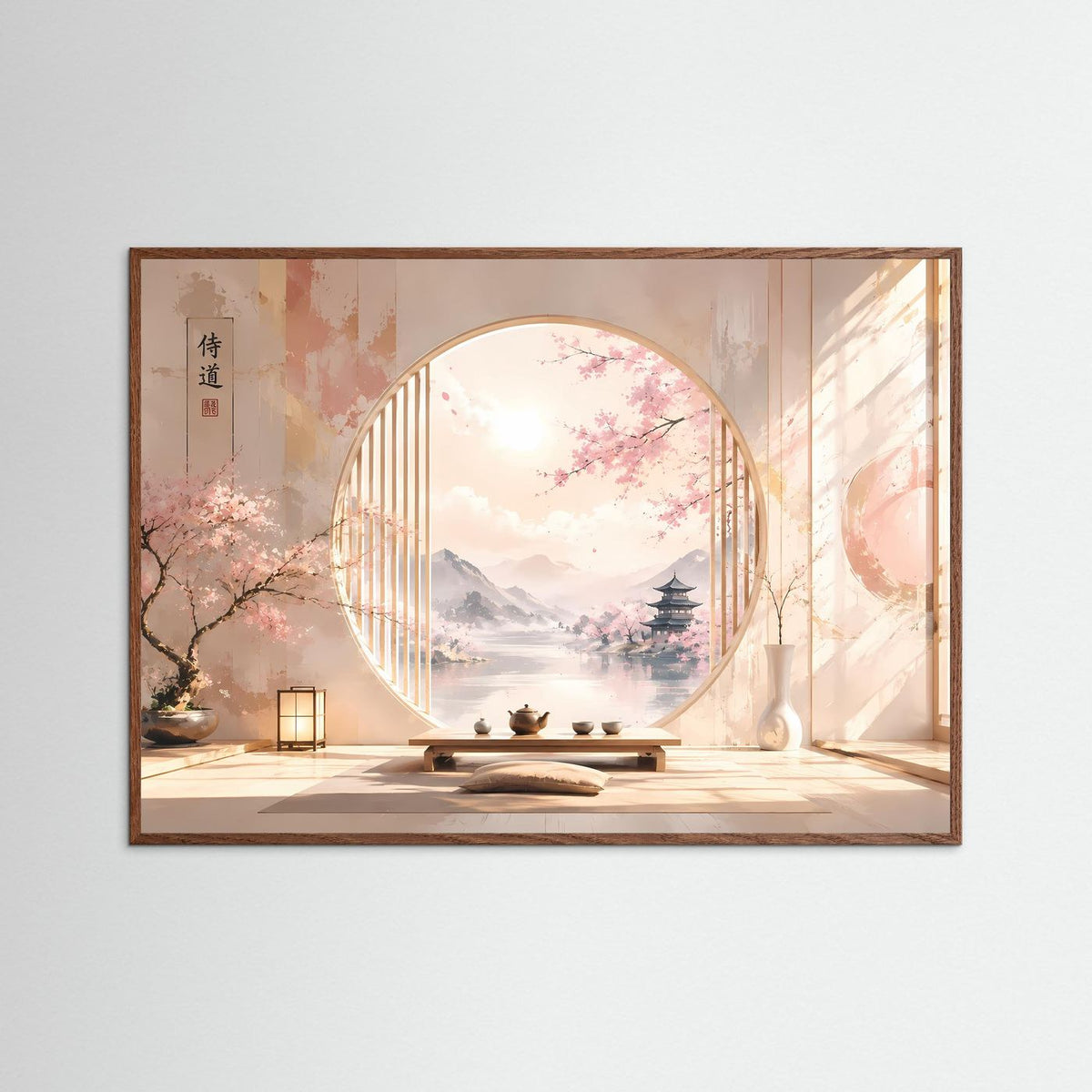 Gerahmter Kunstdruck mit Kirschblüten im Zen-Raum, brauner Rahmen, Rundbogen und Pagode