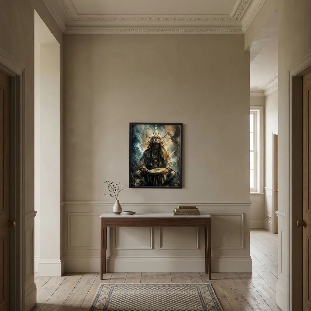 Hochformatiges Kunstposter an einer Wand mit Schamane, Adler und Trommel in Blau- und Goldtönen