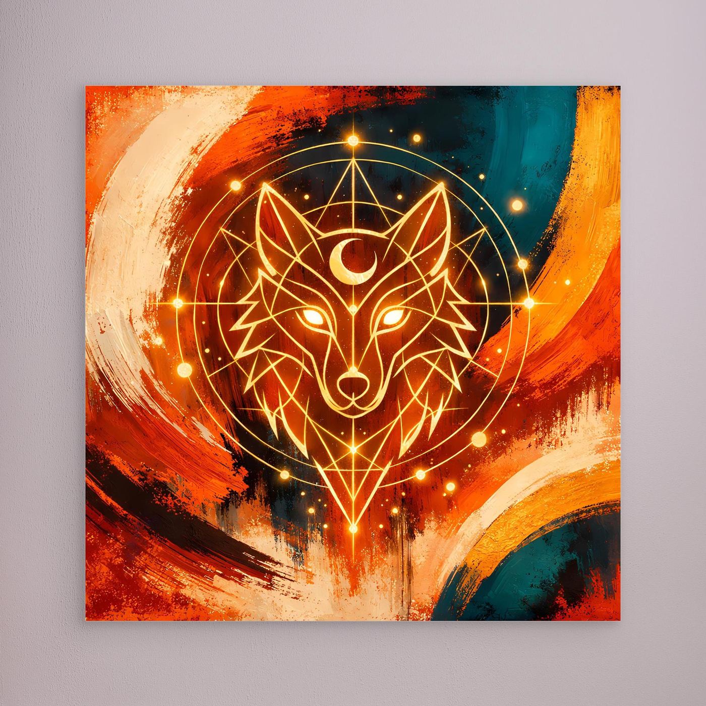 Leinwandbild mit geometrischem Wolf in Orange/Blau, goldene Lichtlinien