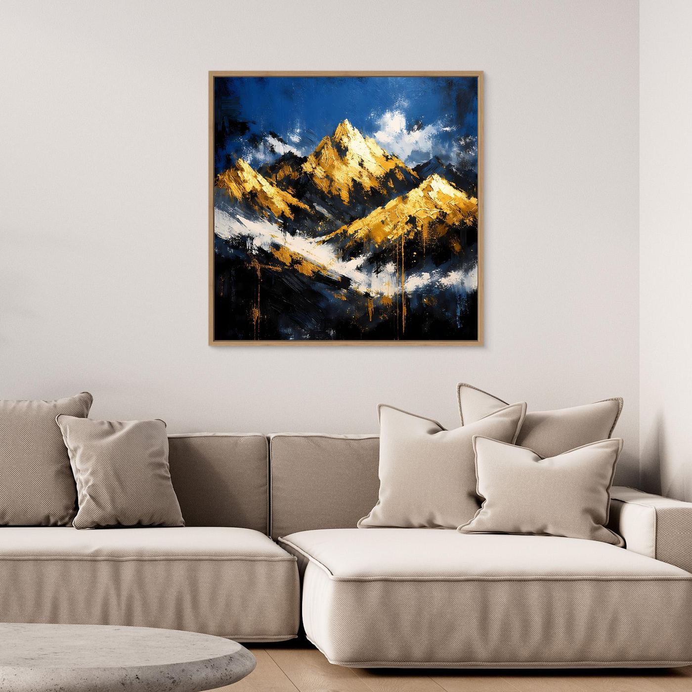 Leinwand Abstraktes Berggemälde in Blau und Gold | Modernes Berge Wandbild