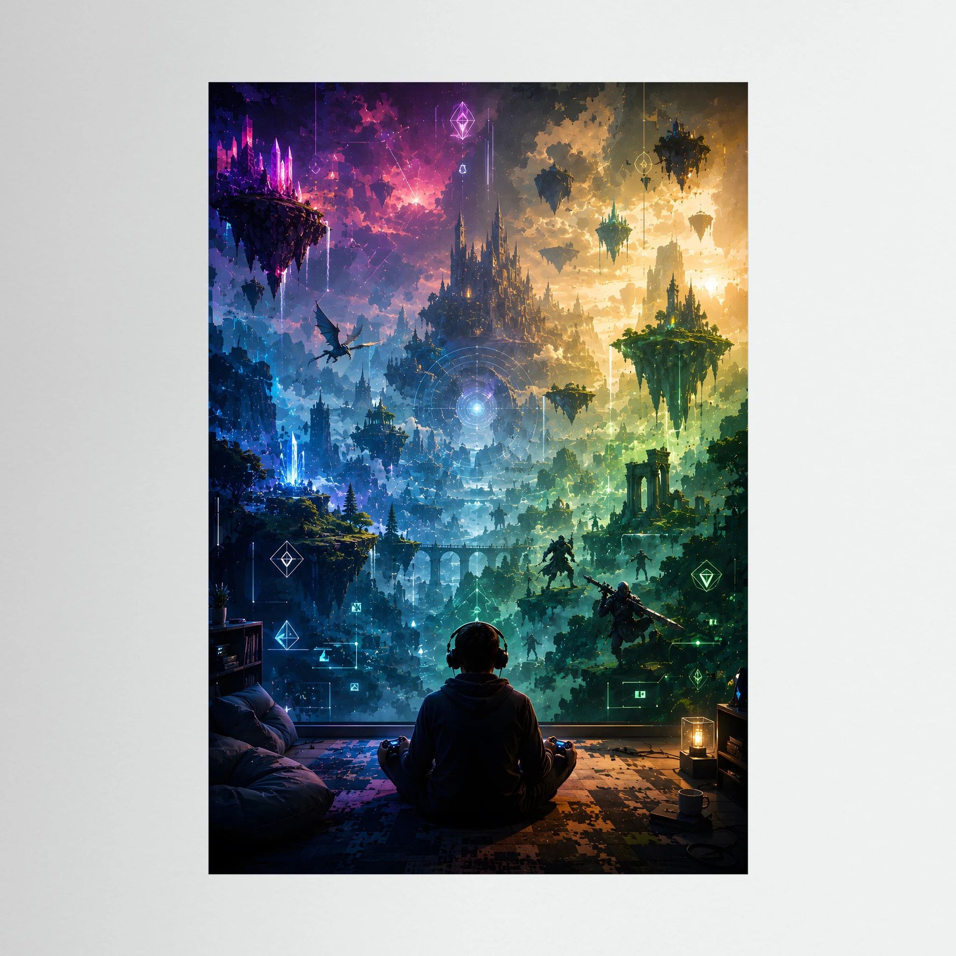 Hochformat-Kunstposter mit Gaming-Fantasy-Landschaft, Farben von Blau und Lila bis Gelb