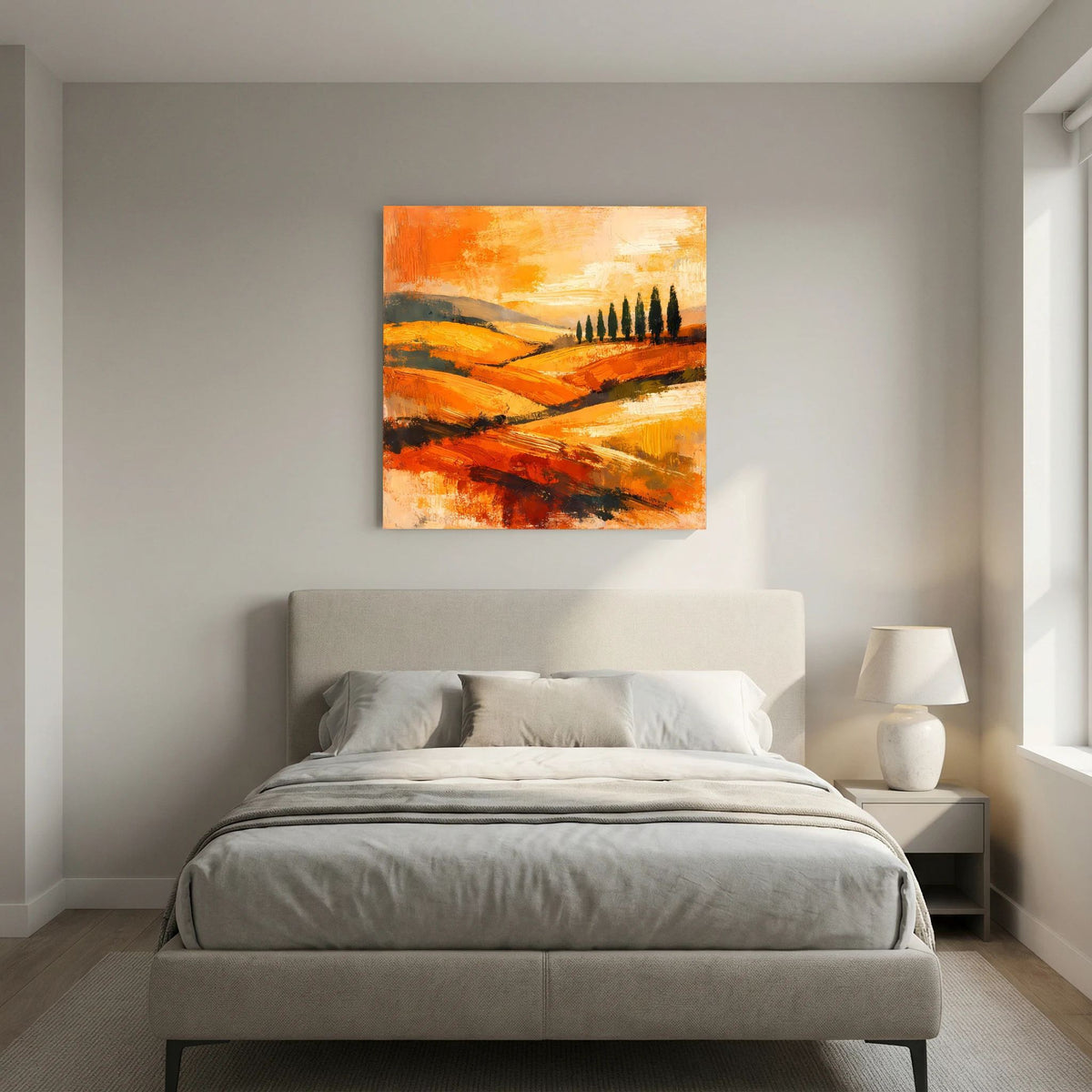 Abstraktes Leinwand-Wandbild mit orangefarbenem Farbauftrag, Zypressen und dunklen Pfaden