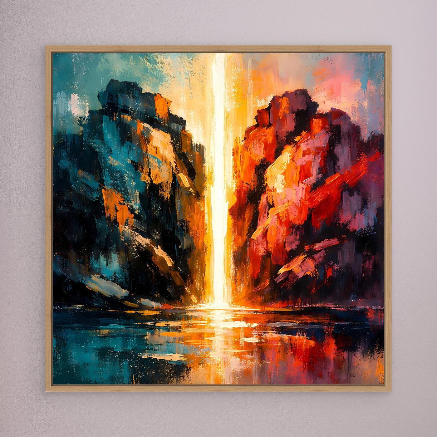 Premium Leinwand Magischer Lichtwasserfall im Canyon | Abstraktes Natur Wandbild farbenfroh