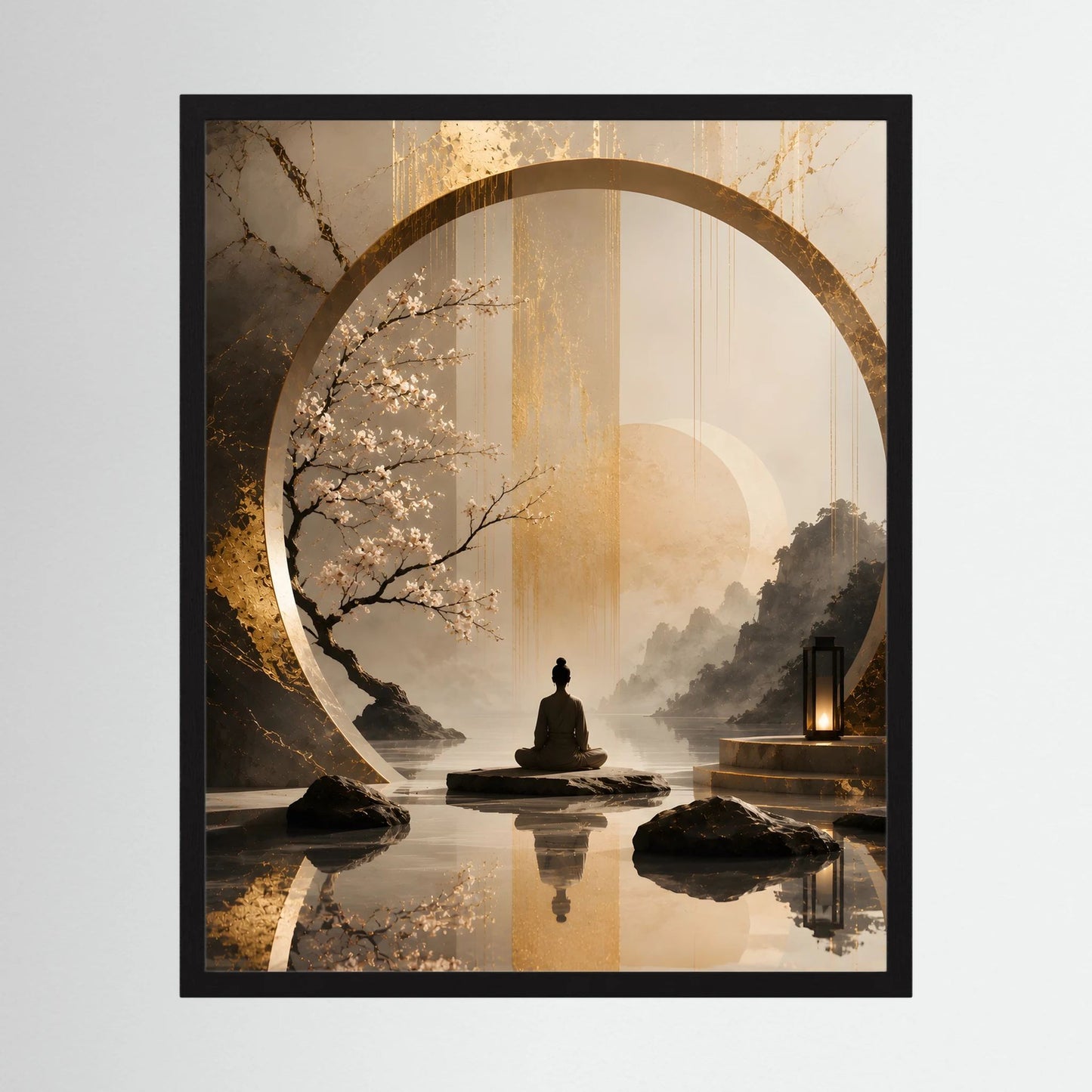 Gerahmtes Hochformat-Japanposter: meditierende Figur im goldenen Kreis, Kirschblütenzweig, Beige