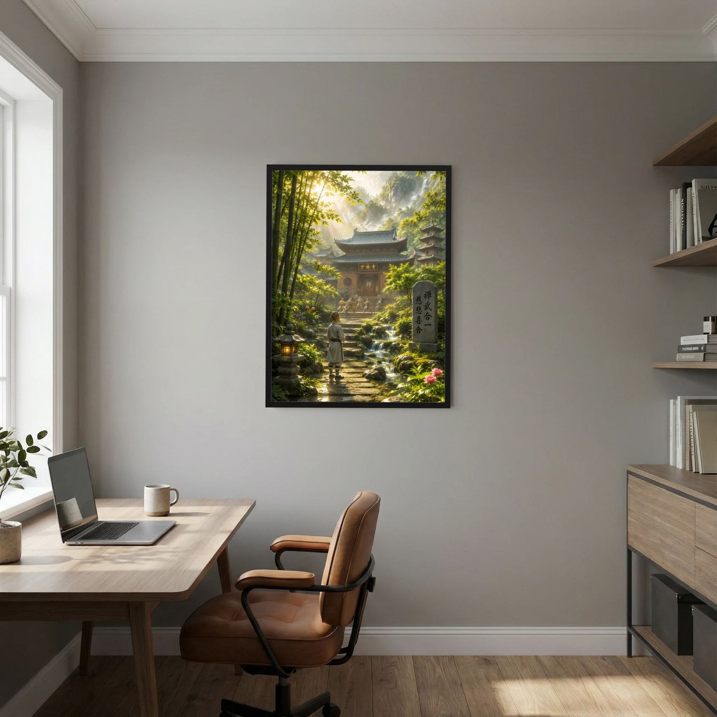 Hochformat-Poster mit schwarzem Rahmen, Bambuswald und Tempel im goldenen Licht
