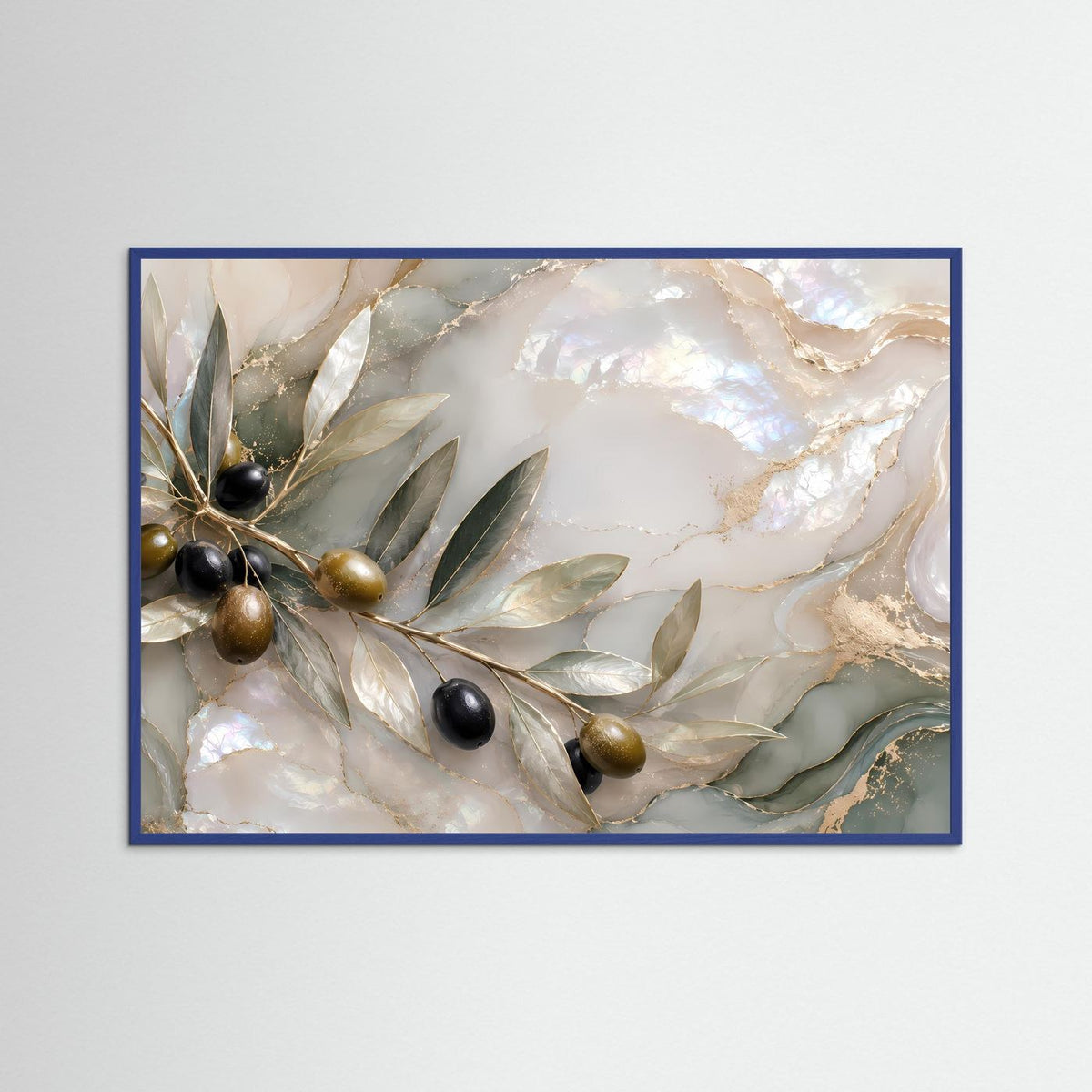 Mediterranes Poster mit Olivenzweig-Illustration in Perlmutt-Optik und goldenen Akzenten, blau gerahmt.
