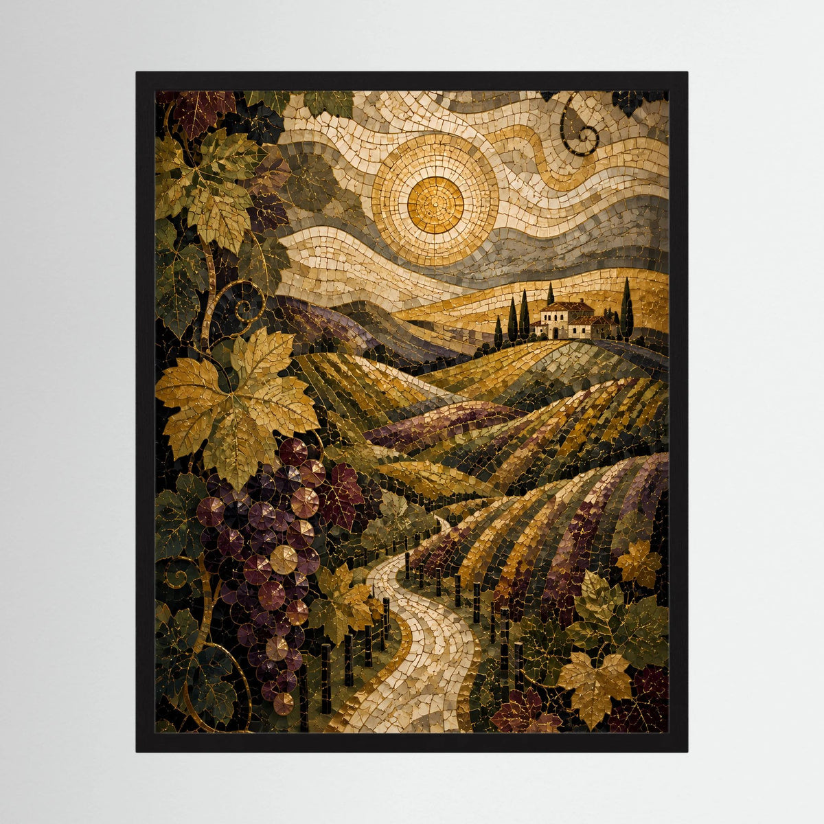 Hochformat-Poster im Mosaikstil mit Weinbergpfad, Reben und Trauben, schwarzer Rahmen