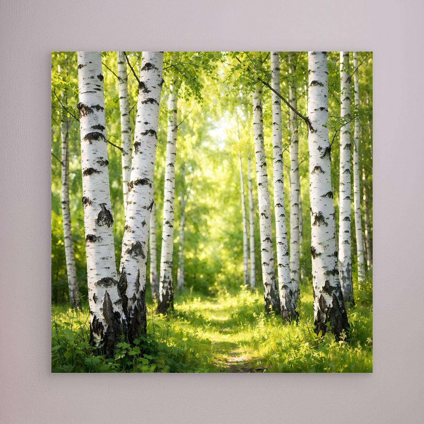 Leinwandbild Birkenwald mit Sonnenlicht ohne erkennbaren Rahmen