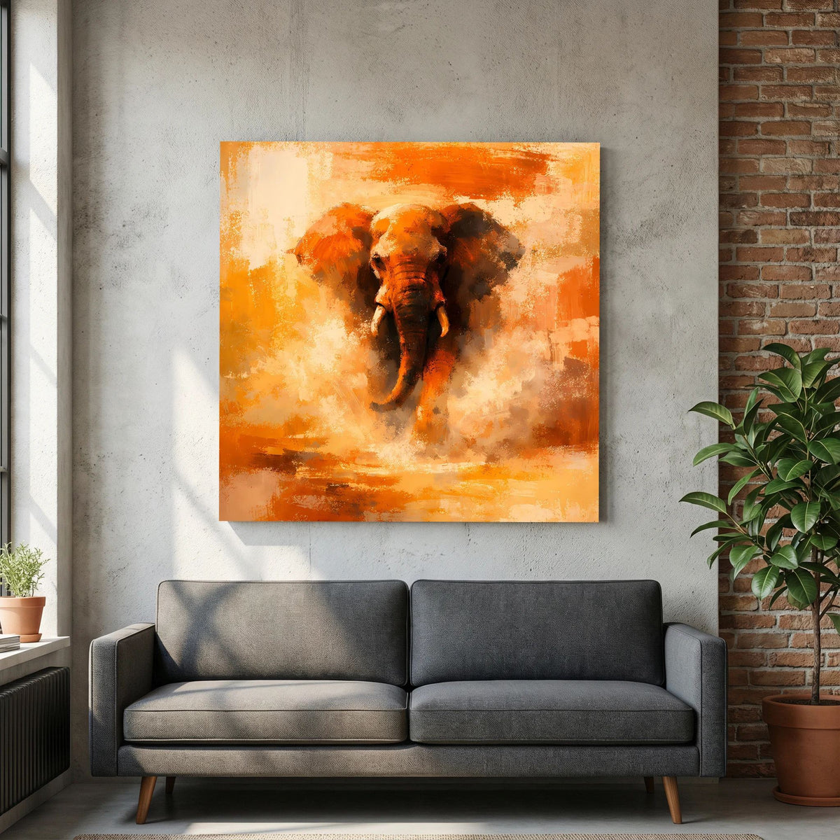 Leinwand Abstraktes Elefanten Gemälde | Modernes Kraftvolles Tier Wandbild Orange Ocker