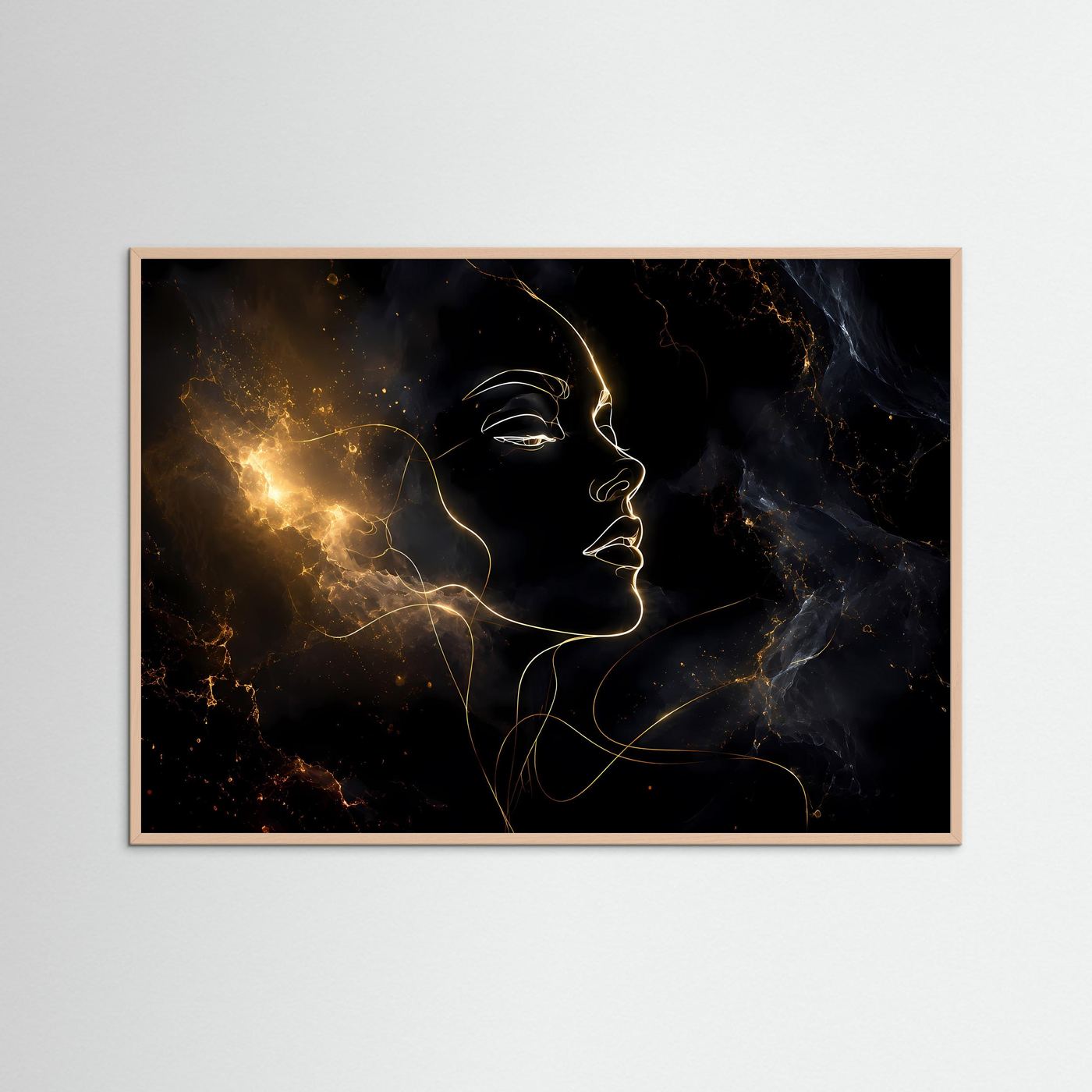 One Line Art Gesicht Poster Querformat | Gold Line Art auf Schwarz | Minimalistische Moderne Wandkunst