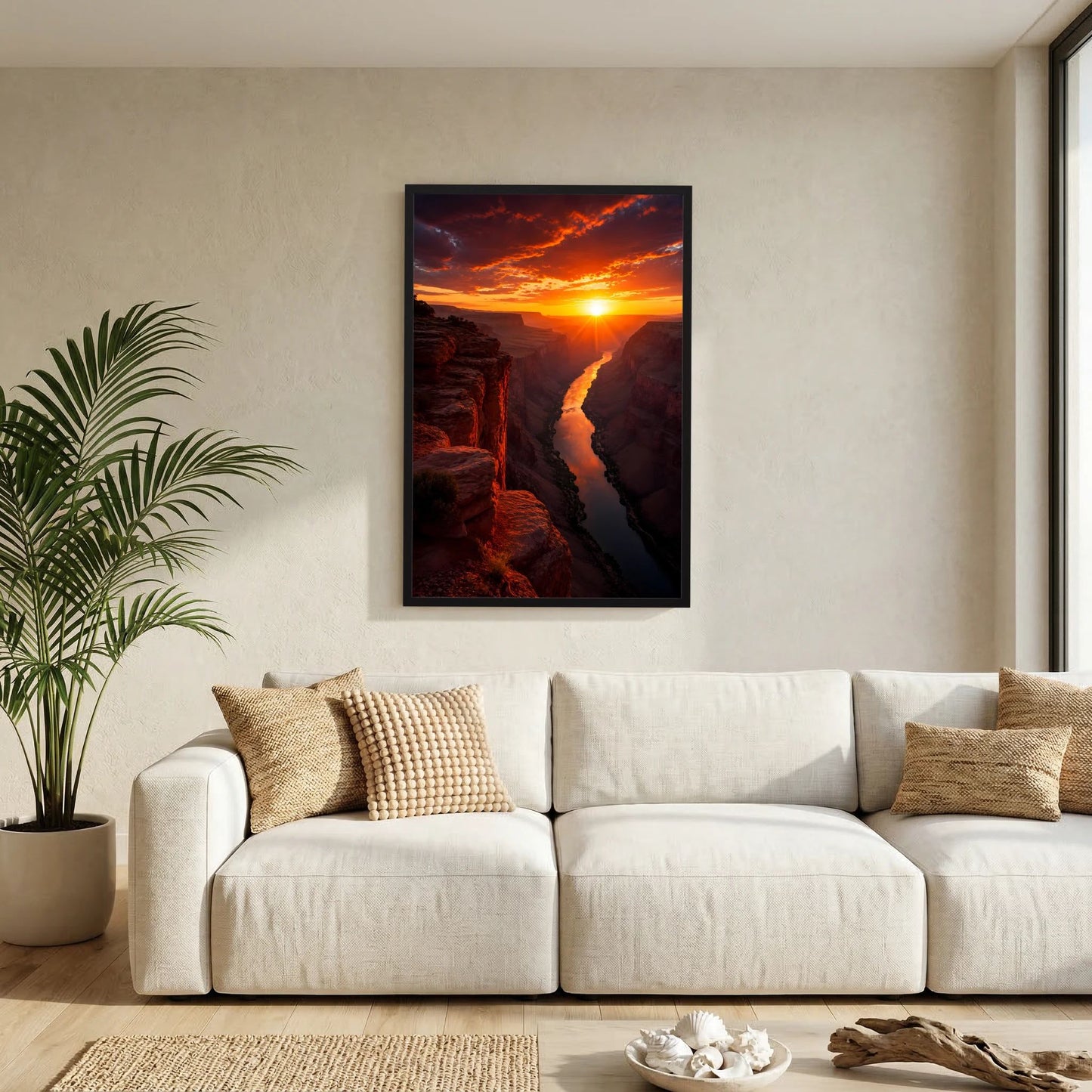 Hochformat-Poster mit Sonnenuntergang über einem Fluss in einer Felsenschlucht, schwarzer Rahmen