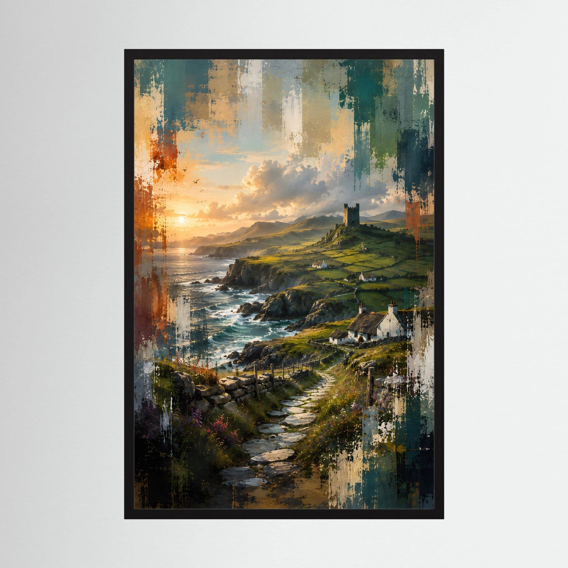 Landschaftsposter im Hochformat mit Küstenweg, Meer und grünen Klippen, schwarze Rahmenumrandung