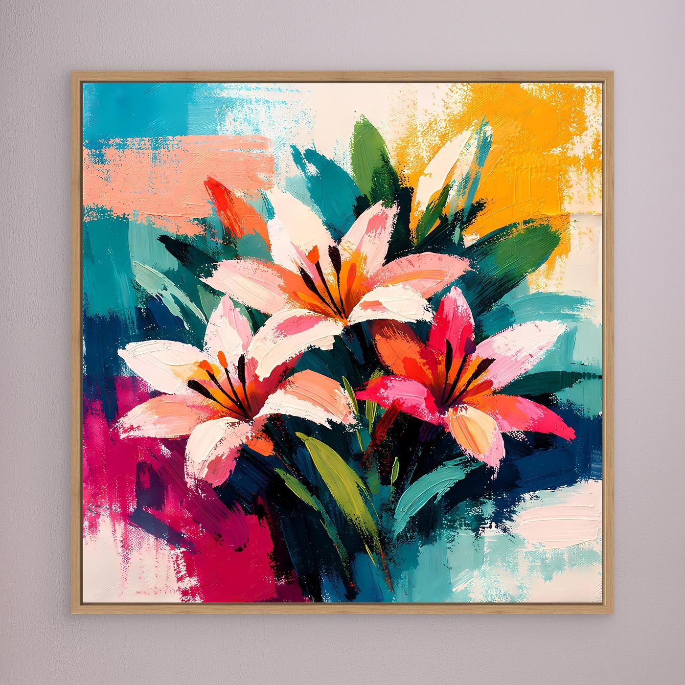 Oak-framed abstract floral canvas with colorful lilies and paint strokes