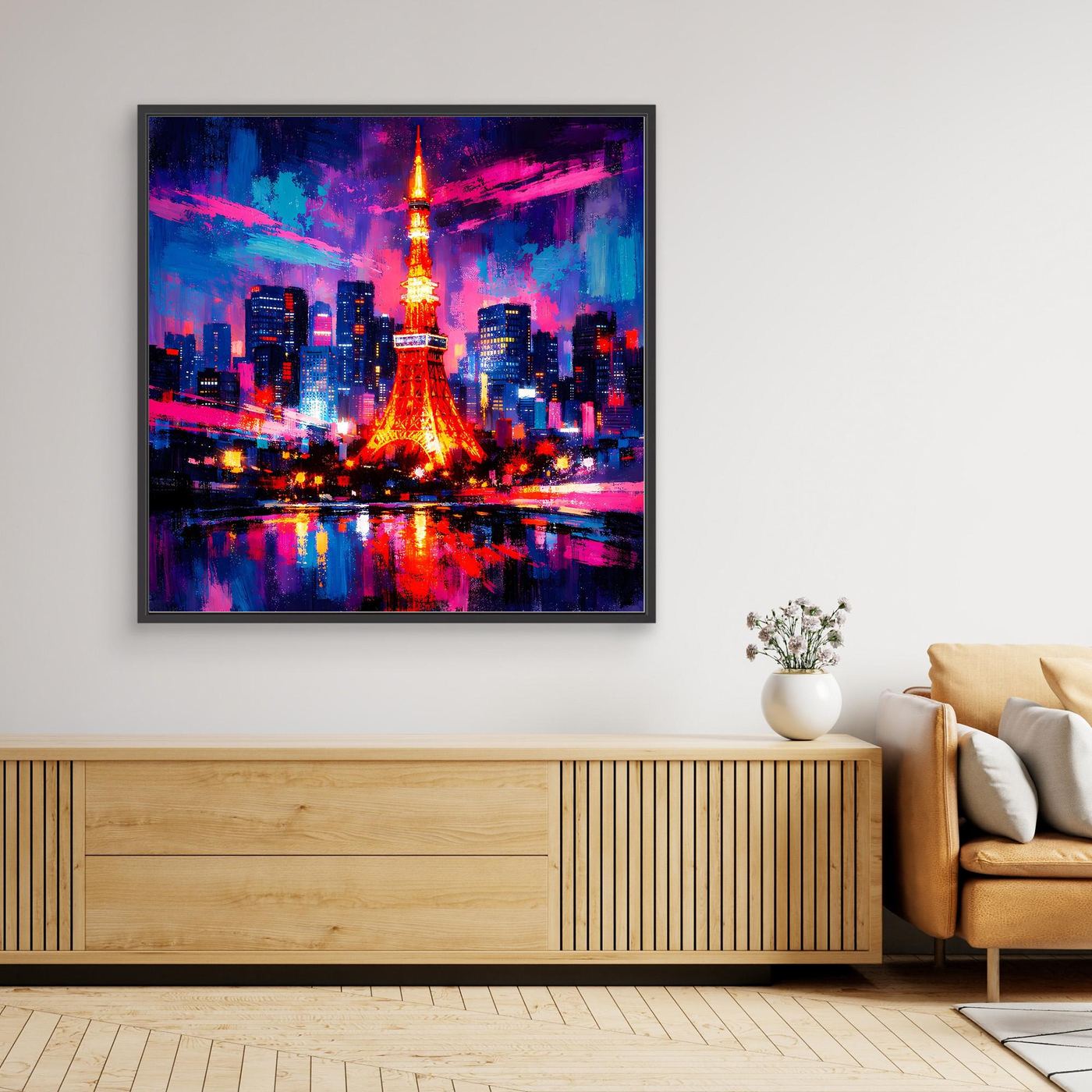 Gerahmtes Leinwand-Wandbild mit bunter abstrakter Stadt-Skyline und beleuchtetem Turm, schwarzer Rahmen