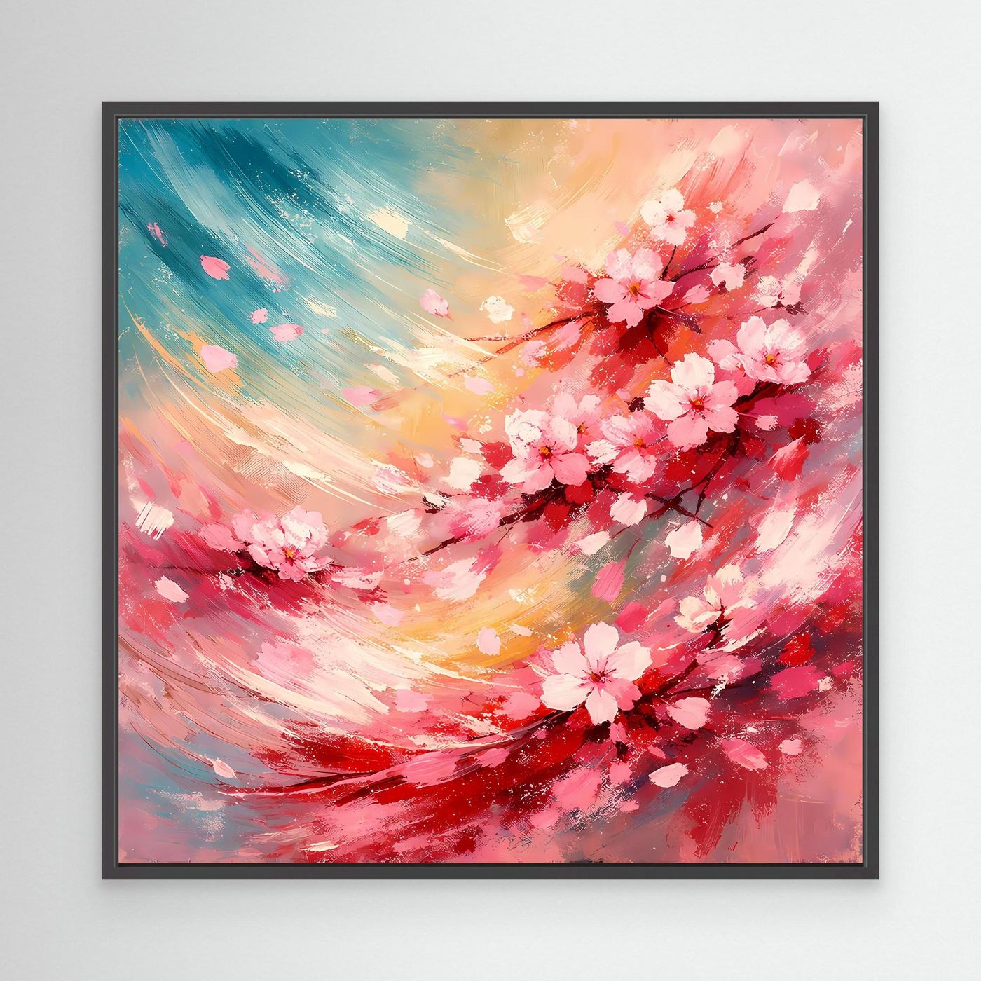 Leinwandbild mit abstrakten Kirschblüten in Rosa und Türkis, schwarzer Rahmen