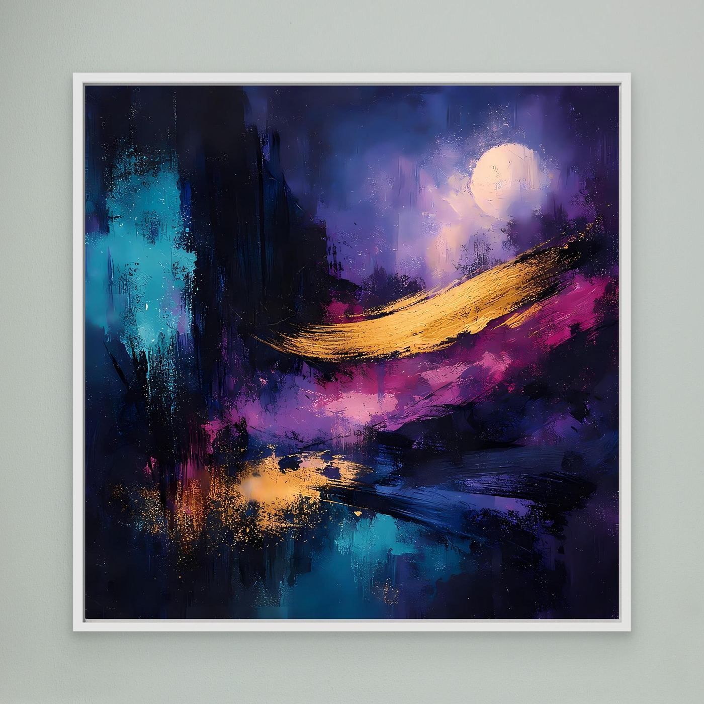 Abstraktes Leinwand-Wandbild mit weißem Rahmen, Vollmond über Bucht in Blau‑Lila‑Gelb.