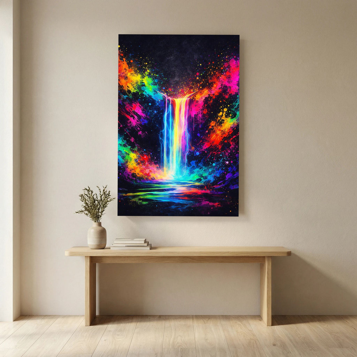Neon-Wandposter mit Wasserfall-Motiv in Neonfarben, schwarzer Rand, Hochformat