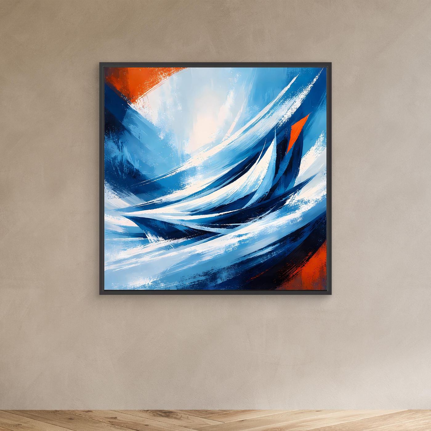 Leinwandbild mit abstrakten Wellen in Blau/Weiß und orange Akzenten im dunkelgrauen Rahmen