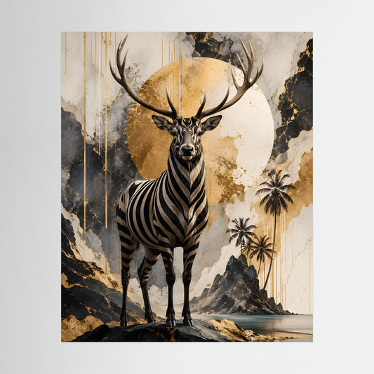 Ungerahmtes hochformatiges Kunstposter mit Zebra-Hirsch, goldener Mondscheibe und Antilopengeweih
