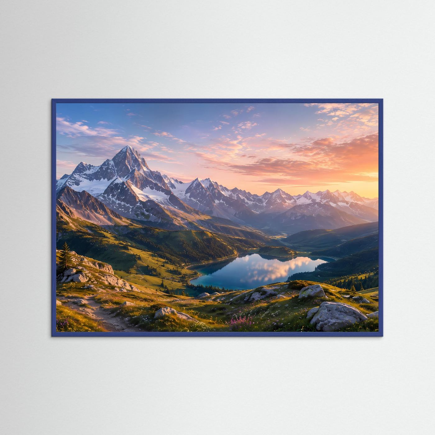 Bergsee-Landschaftsfoto mit Alpenpanorama bei Sonnenuntergang, blauer Holzrahmen