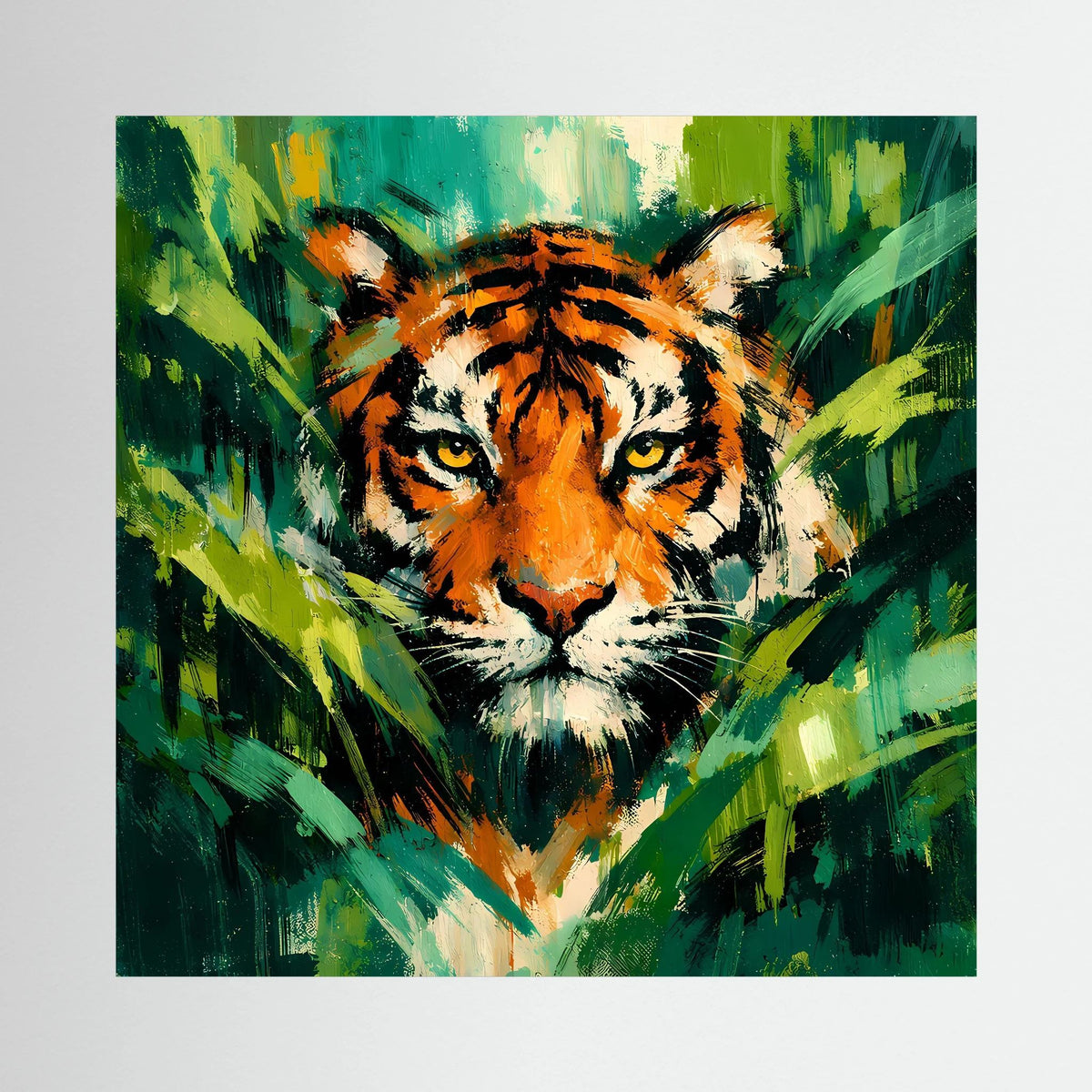 Leinwand Abstraktes Tiger Gemälde | Modernes Wandbild Raubkatze Dschungel Grün Orange