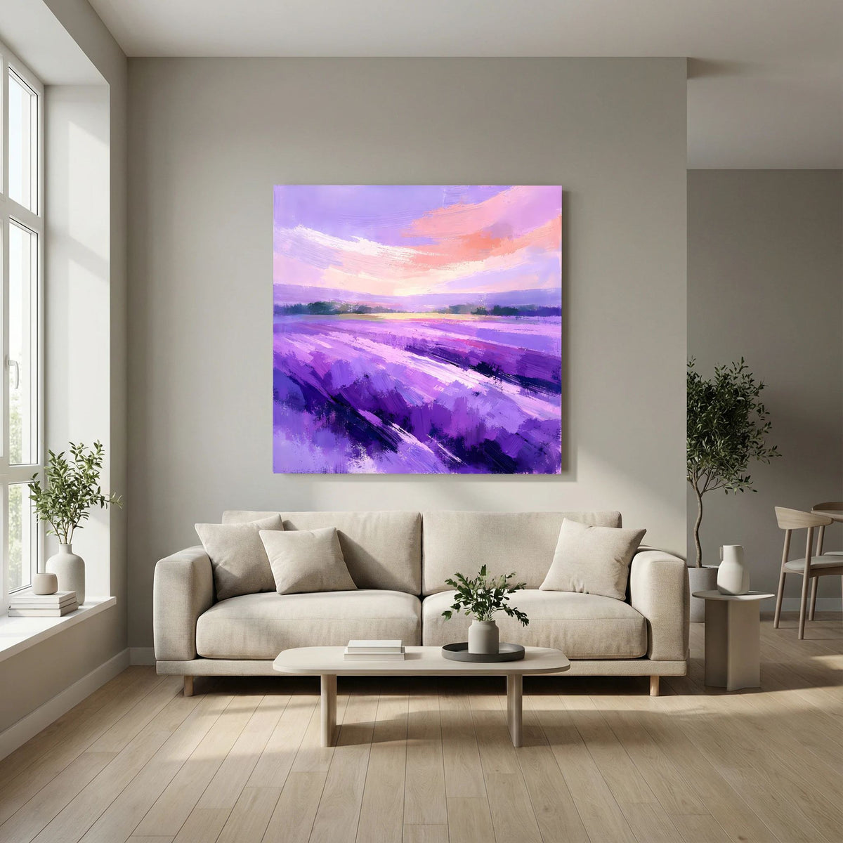 Lila abstraktes Leinwandbild mit Lavendelfeld: violette Pinseltextur und rosa Wolken am Himmel