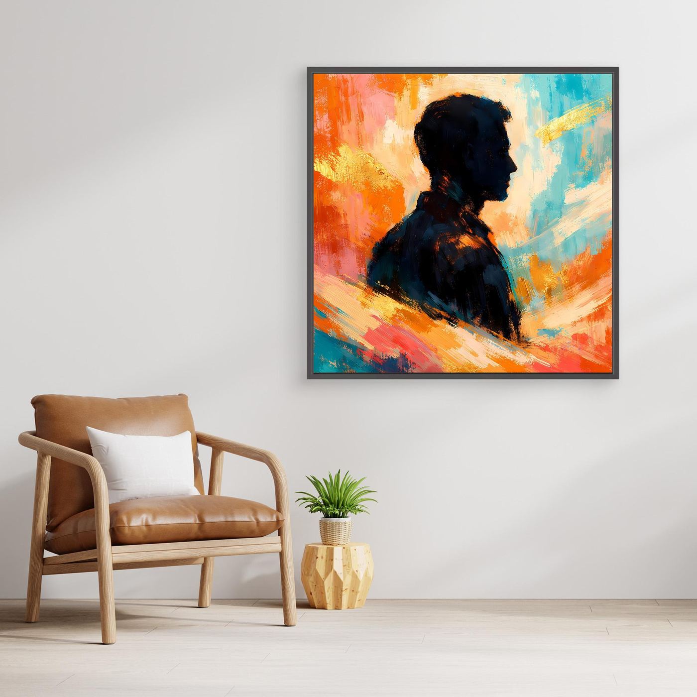 Schwarz gerahmtes Leinwandbild mit abstrakter Silhouette eines Mannes, warmes Farbenspiel.