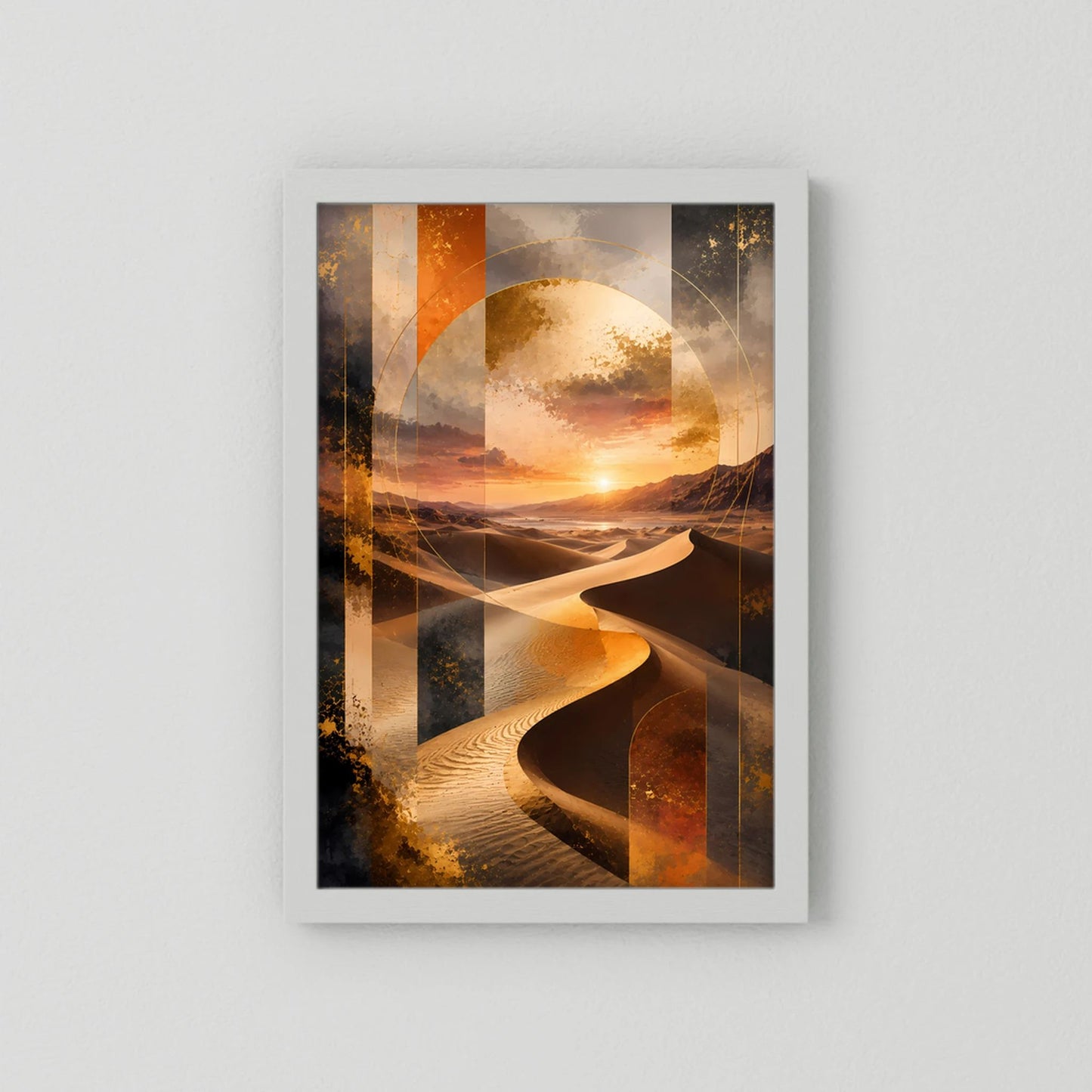 Hochformatiges Poster mit abstrakter Wüstenlandschaft in Gold und Schwarz, helle Einfassung