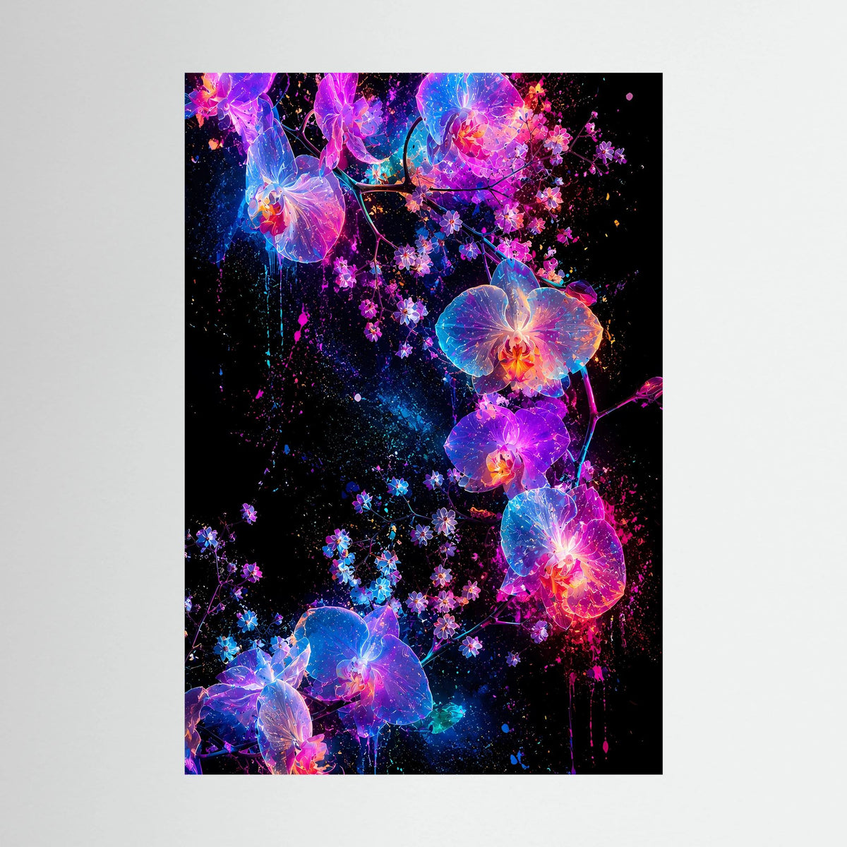 Hochformatiges Kunstposter mit leuchtenden Orchideen in Pink, Violett und Blau, ohne Rahmen