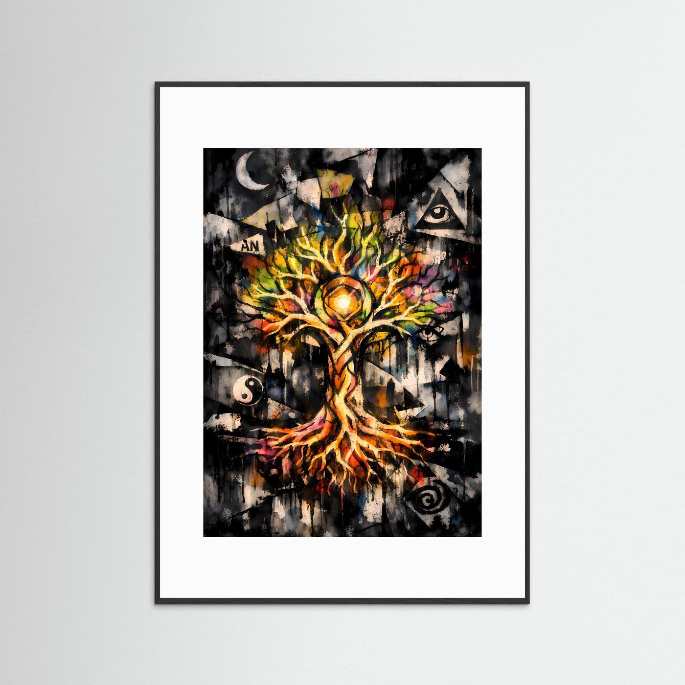Die Harmonie des Kosmos | Mystisches Lebensbaum Poster mit spirituellen Symbolen | Abstraktes Kunstposter Hochformat