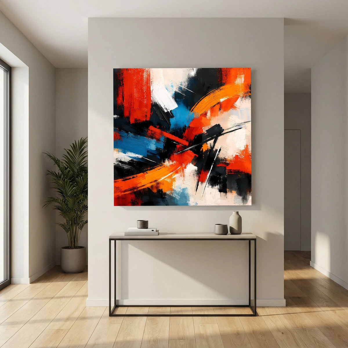 Quadratisches Leinwandbild mit kräftigen Farbexplosionen in Rot, Orange, Blau und Schwarz auf Keilrahmen