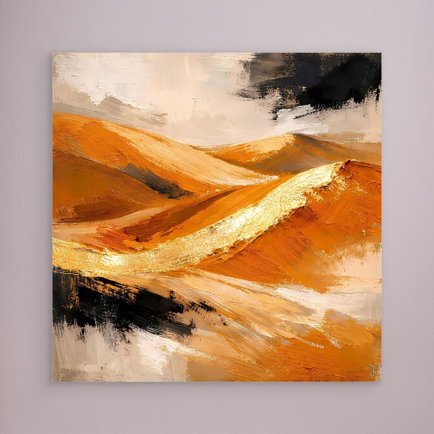 Leinwandbild mit abstrakter Dünenlandschaft in Gold und Orange, cremefarbener Hintergrund, ohne Rahmen.